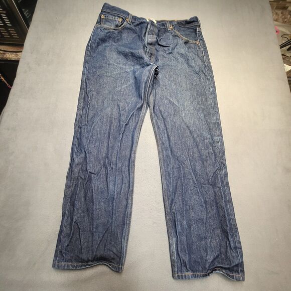 Levis 501 Jeans Mens 36x30 Blue Denim Straight Leg Distressed Button Fly - Picture 1 of 9